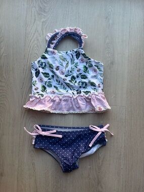 cheeky plum Floral Ruffle Tankini Set - White, Pink & Navy